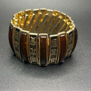 Vintage accordion stretch bracelet faux tortoise shell Asian symbol gold tone